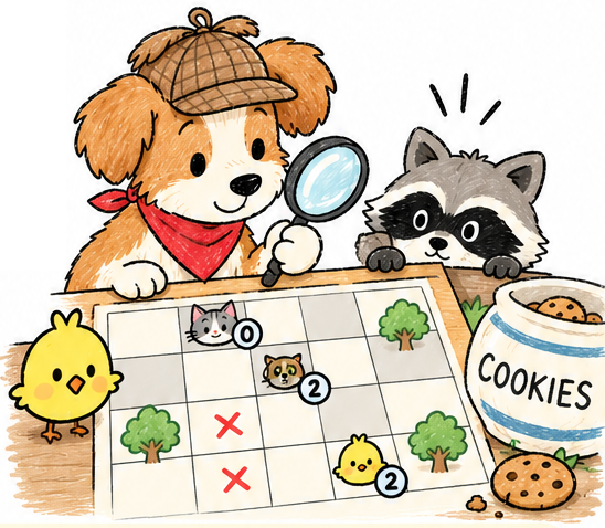 Detective Barkley the puppy studies a puzzle board with a magnifying glass while a raccoon peeks at the cookie jar.